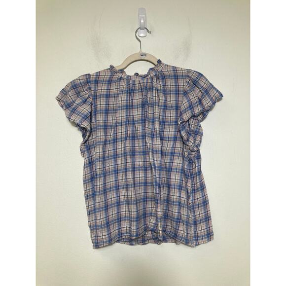 Birds of Paradise Blue Plaid Flutter Sleeve Flannel Top Sz S - Picture 1 of 2